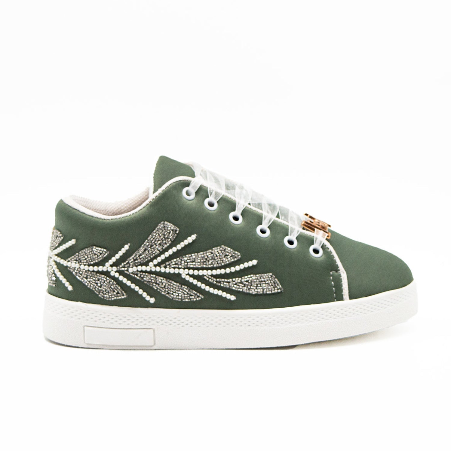 Isabel Luxury Sage Lycra Handmade Embellished Trainers