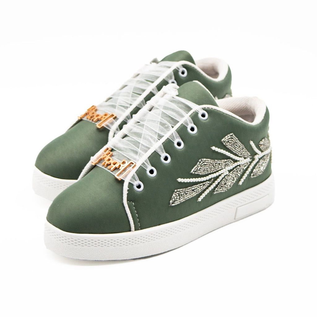 Isabel Luxury Sage Lycra Handmade Embellished Trainers