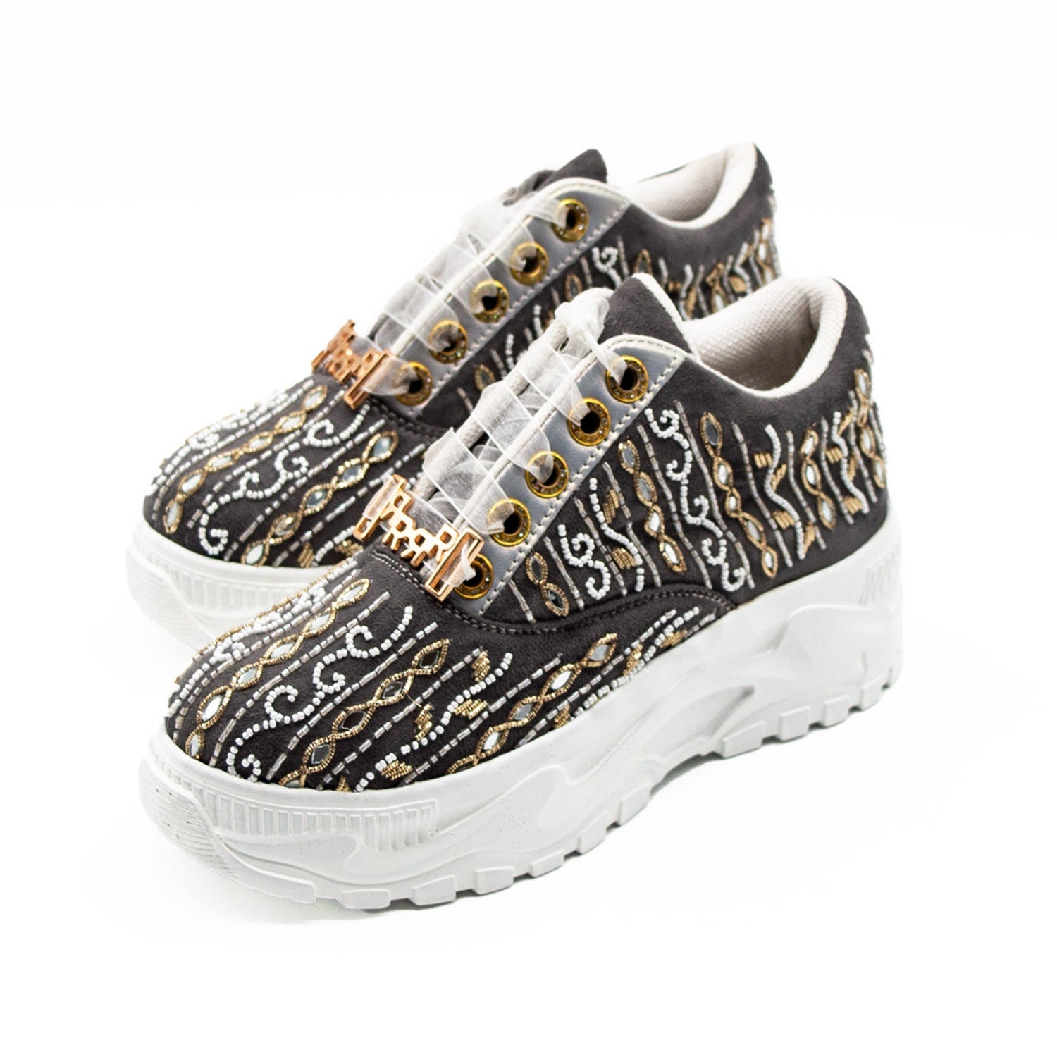 Mia Luxury Slate Suede Handmade Embellished Trainers