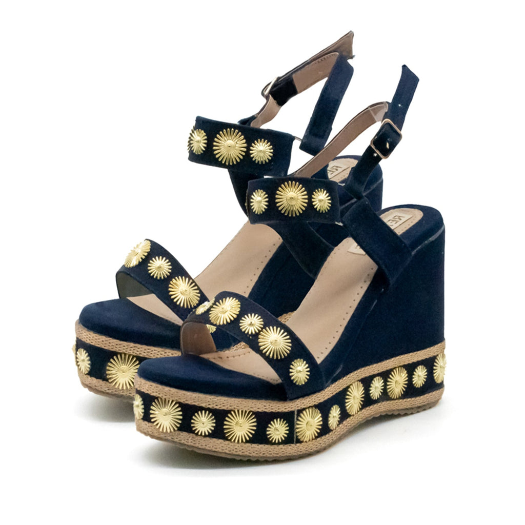 RETTROSE Jasmine Navy Luxury Women’s Wedge Heels – Hand Embellished Suede High Heel Sandals in Black-Toned Design