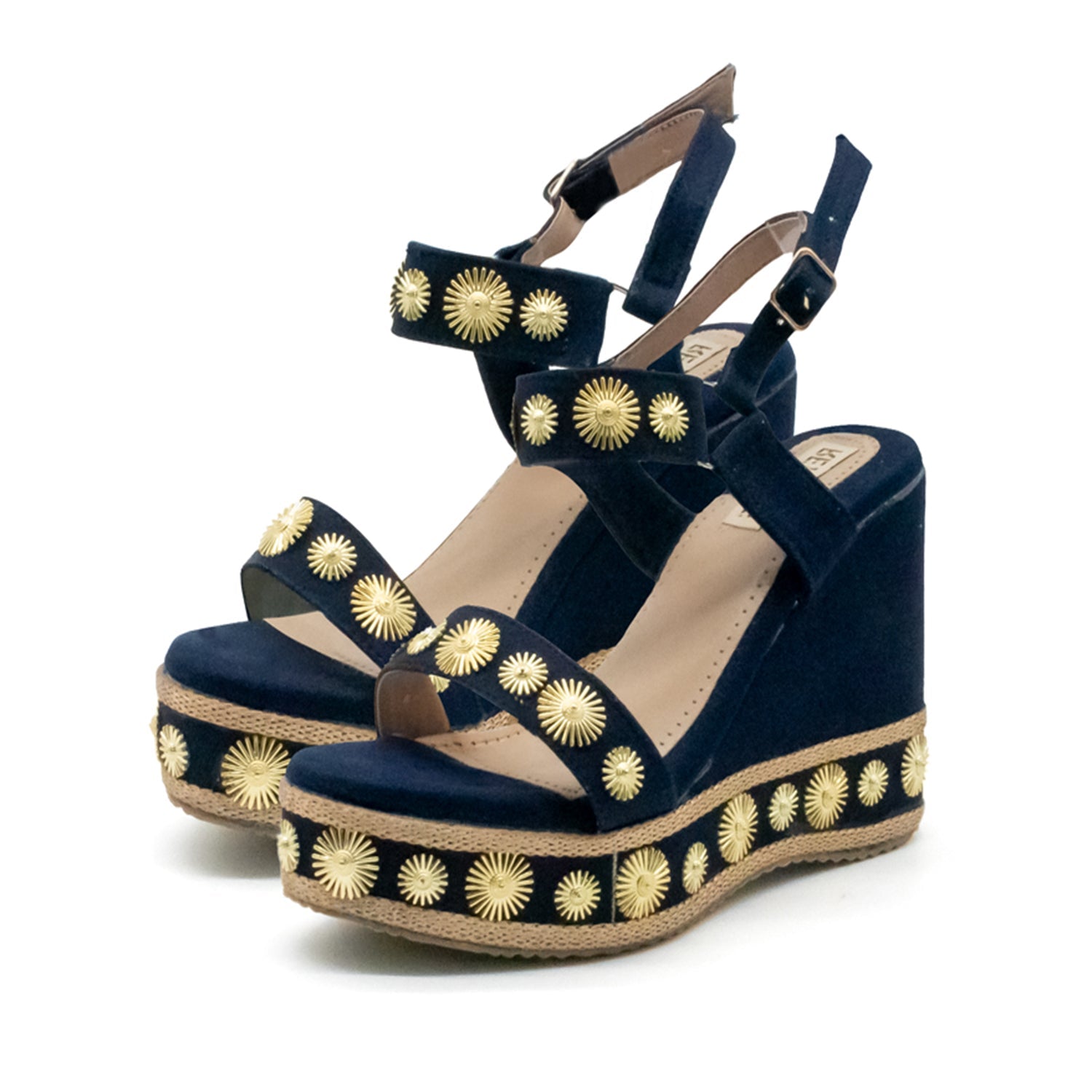 RETTROSE Jasmine Navy Luxury Women’s Wedge Heels – Hand Embellished Suede High Heel Sandals in Black-Toned Design