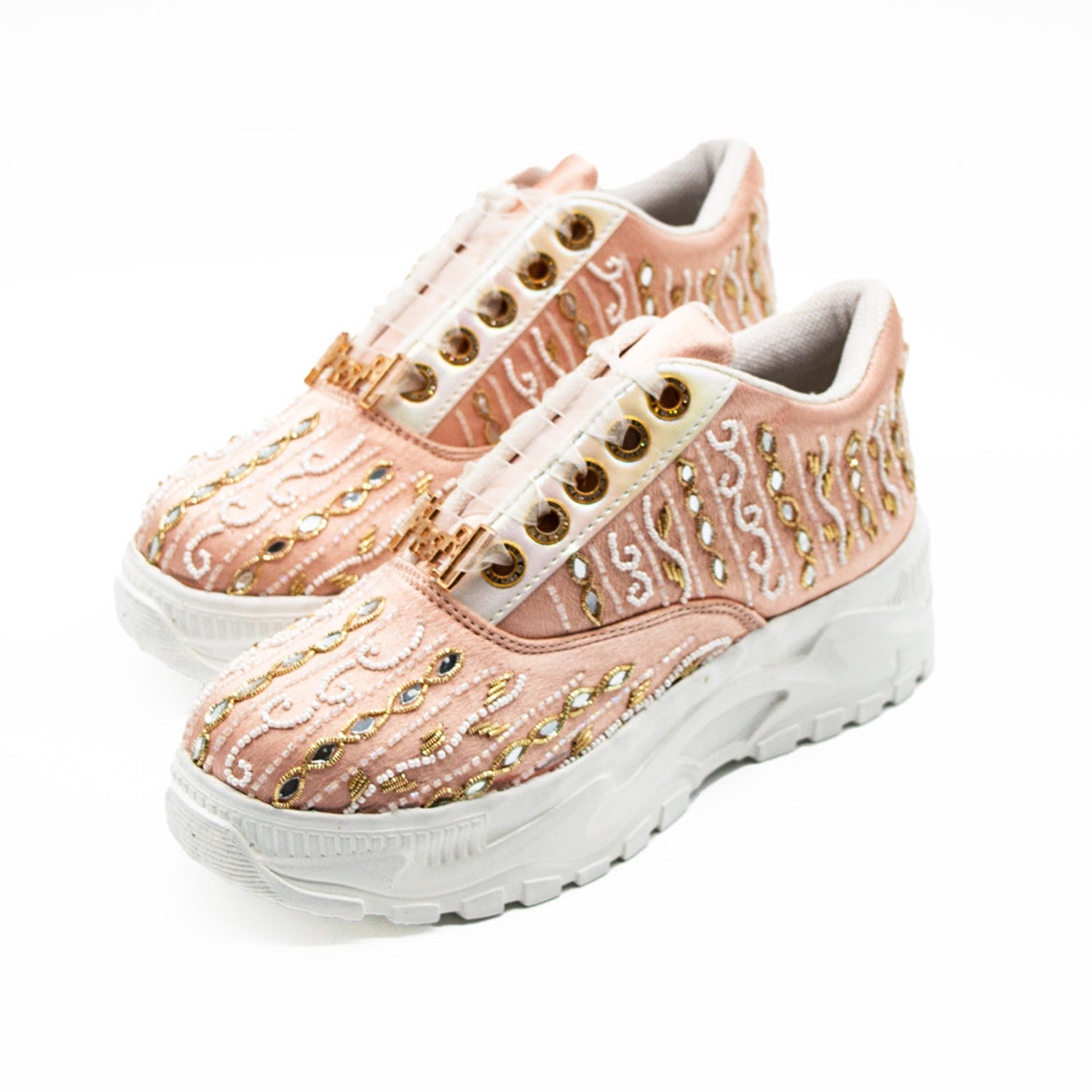 Mia Luxury Pink Satin Handmade Embellished Trainers