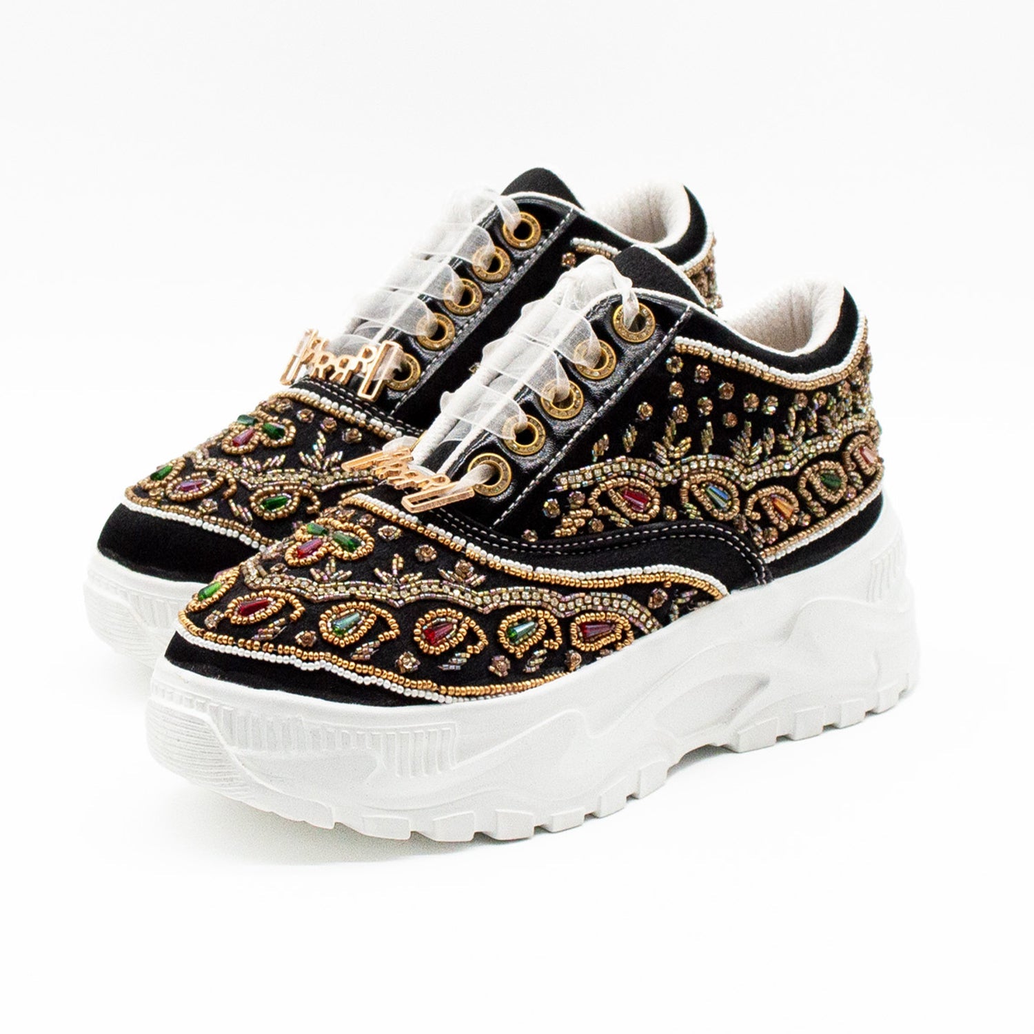 Isabella Luxury Black Satin Handmade Embellished Trainers