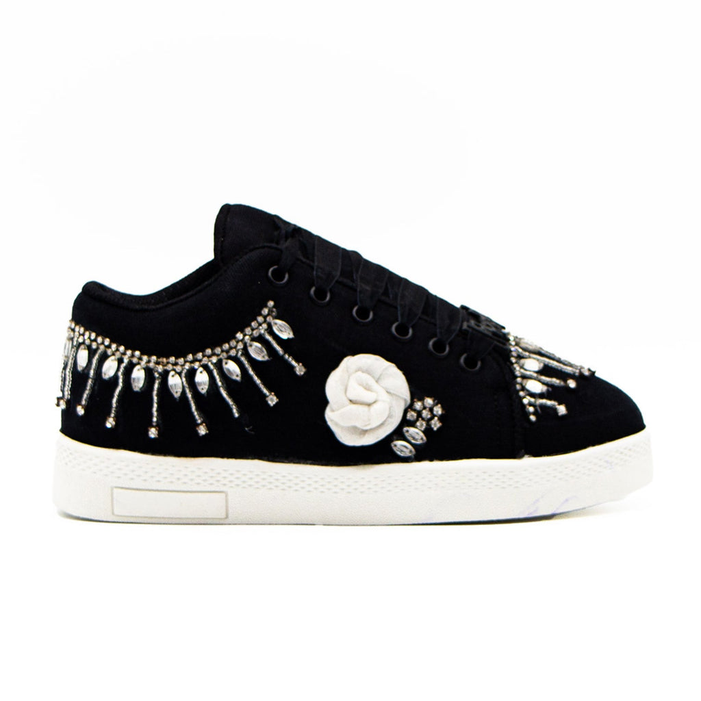Skylar Luxury Black Canvas Handmade Embellished Tennis Shoe