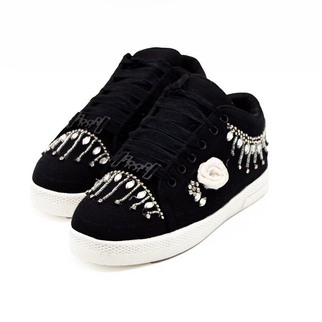 Skylar Luxury Black Canvas Handmade Embellished Tennis Shoe