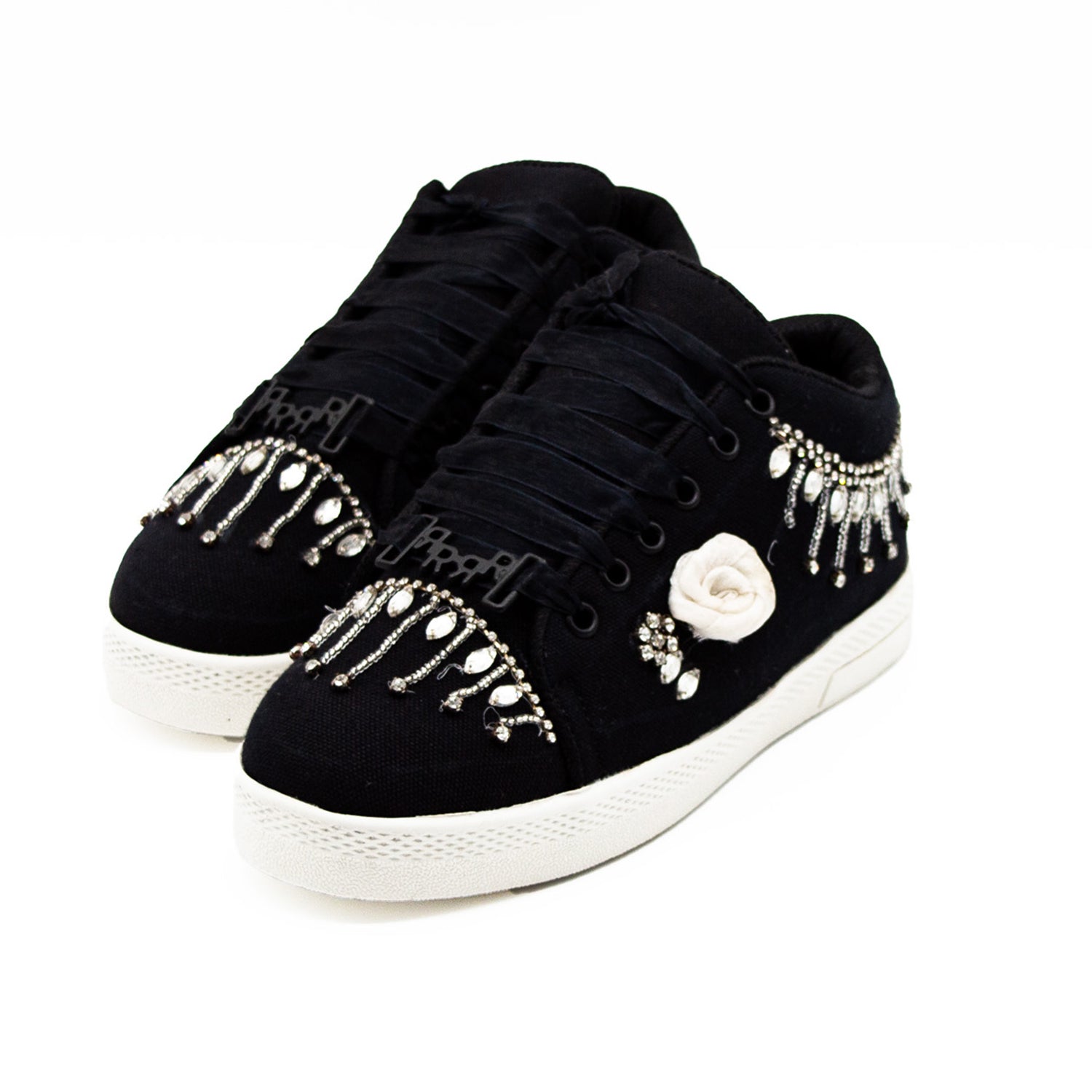 Skylar Luxury Black Canvas Handmade Embellished Tennis Shoe