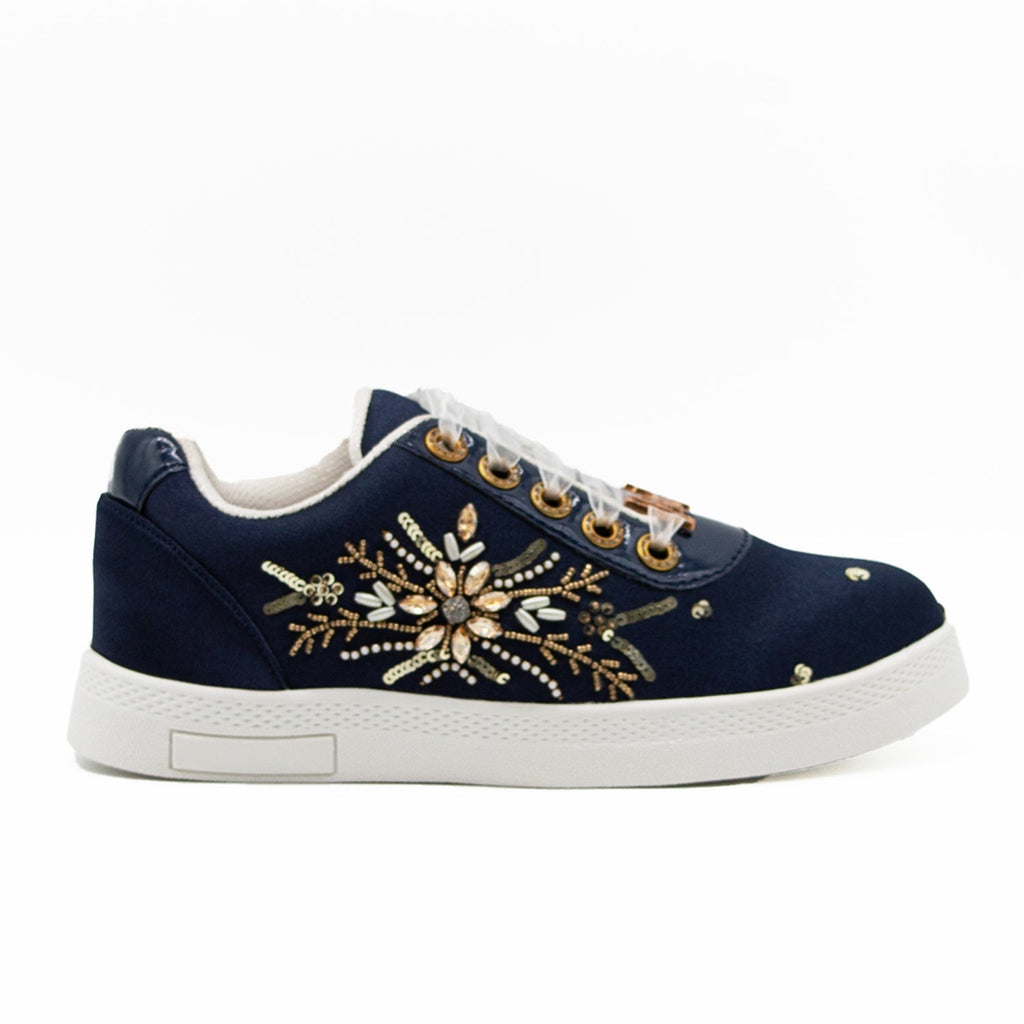 Sloane Luxury Navy Satin Handmade Embellished Tennis Shoe