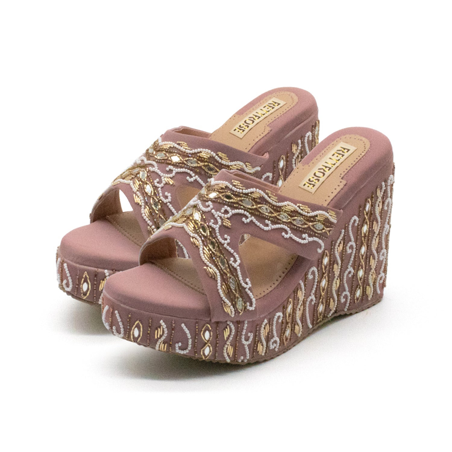 The Ruth Nude Luxury Handmade Women’s Wedge Heels – Pink Beaded, Comfortable, 8.5cm Synthetic Wedge by RETTROSE