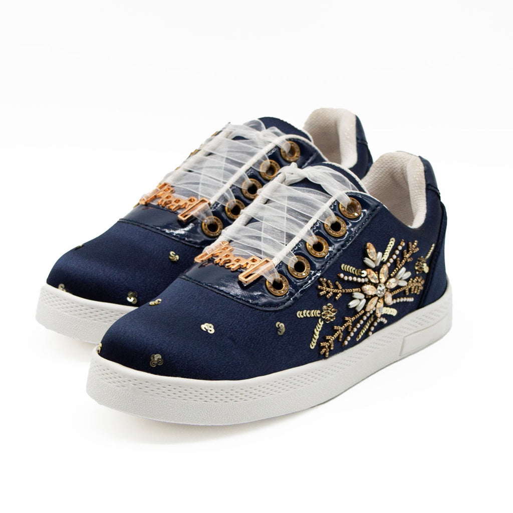 Sloane Luxury Navy Satin Handmade Embellished Tennis Shoe