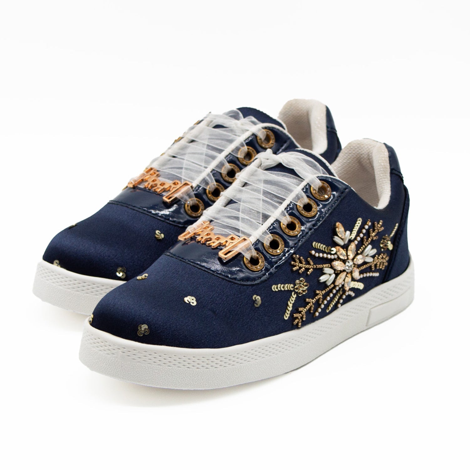 Sloane Luxury Navy Satin Handmade Embellished Tennis Shoe
