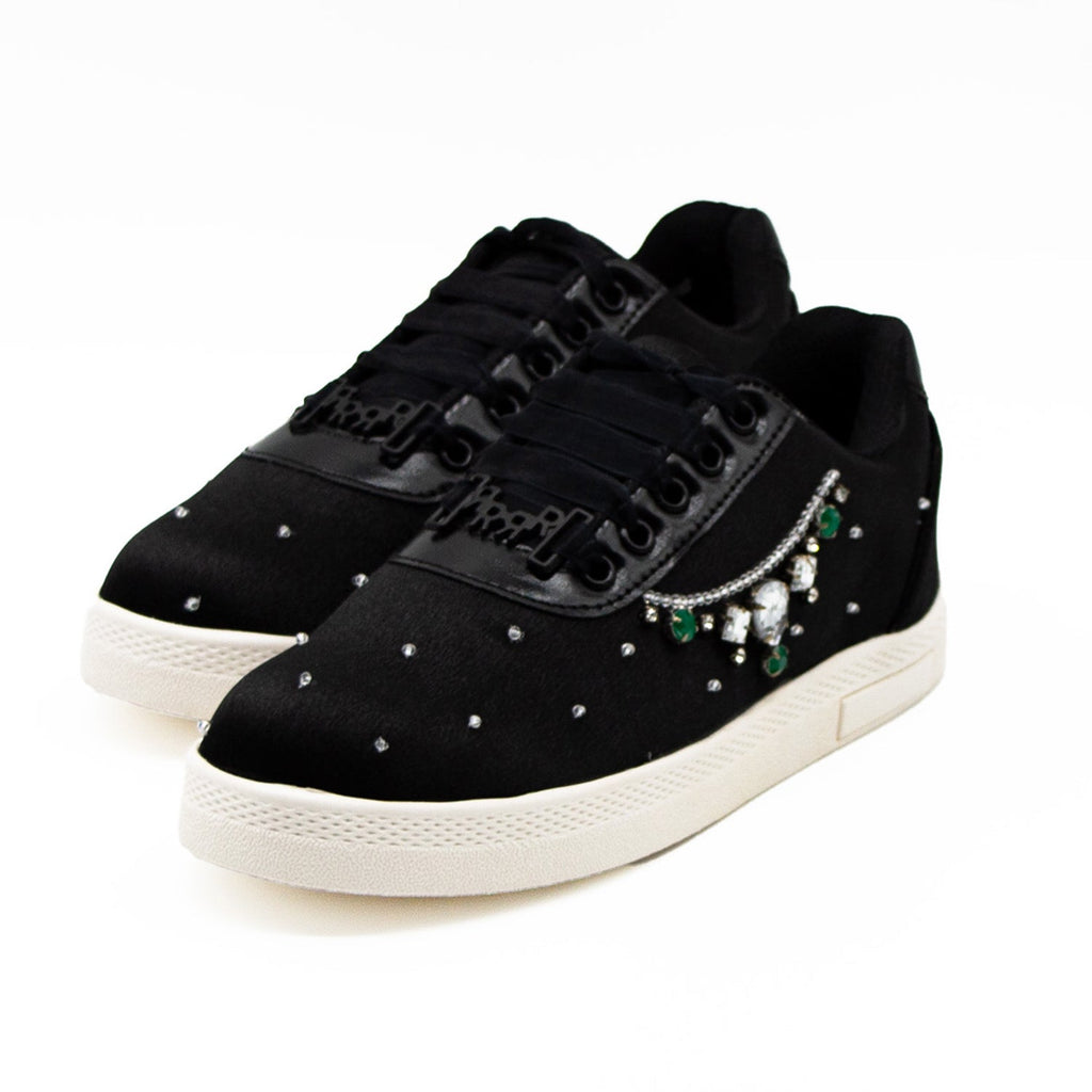Alaia Luxury Black Satin Handmade Embellished Tennis Shoe