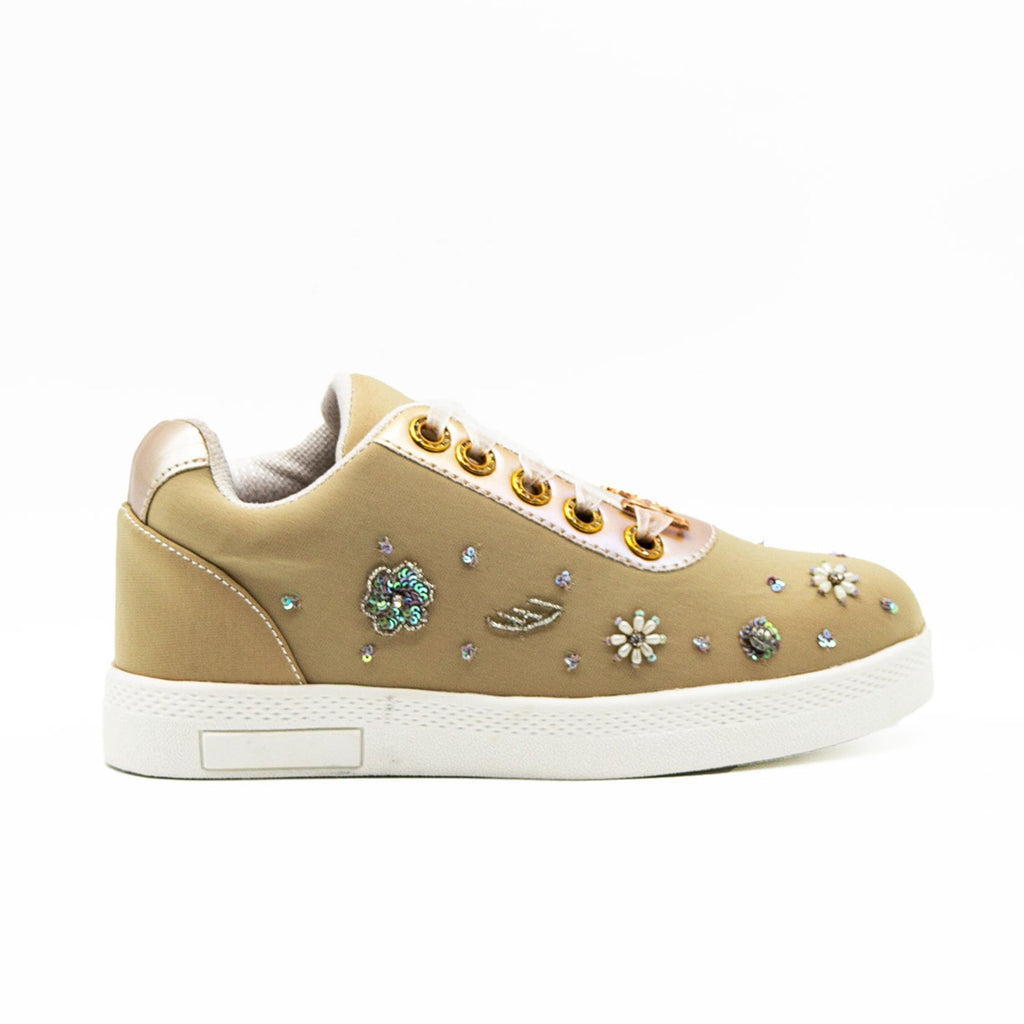 Maleah Luxury Beige Lycra Handmade Embellished Tennis Shoe
