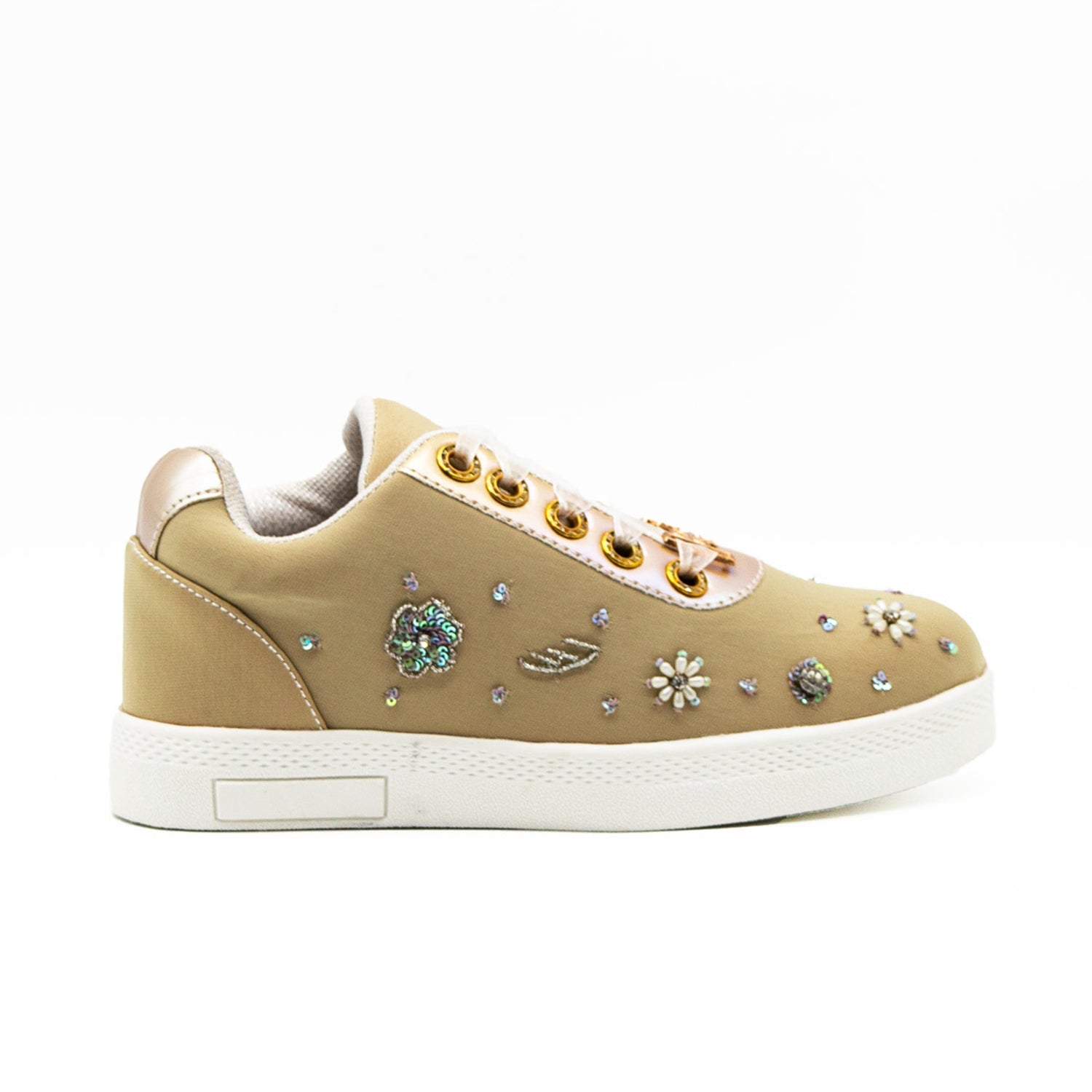Maleah Luxury Beige Lycra Handmade Embellished Tennis Shoe