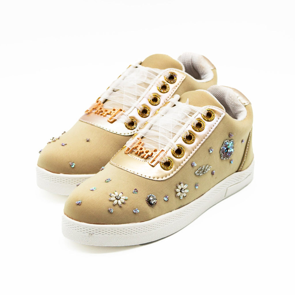 Maleah Luxury Beige Lycra Handmade Embellished Tennis Shoe