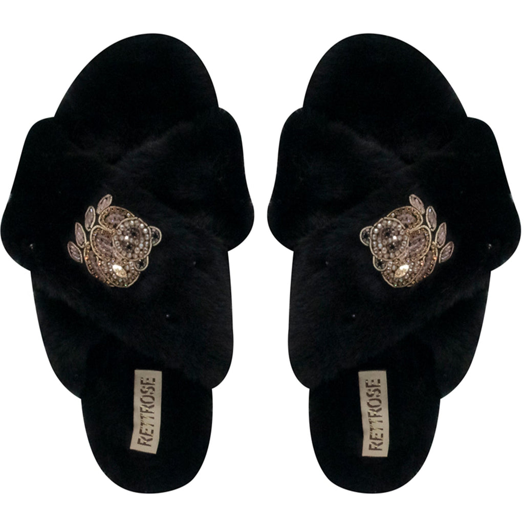 Ember Black Luxury Plush Diamanté Embellished Handmade Slipper