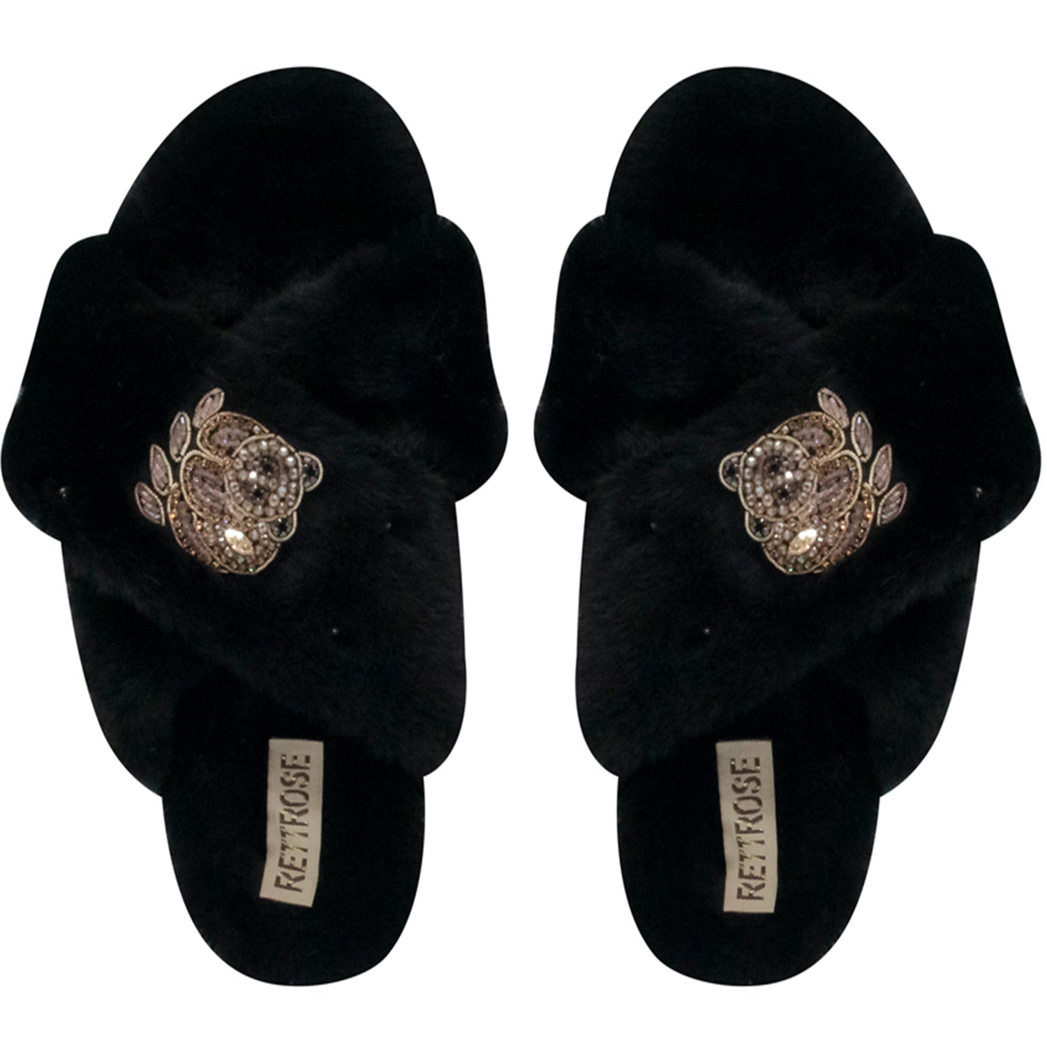 Ember Black Luxury Plush Diamanté Embellished Handmade Slipper