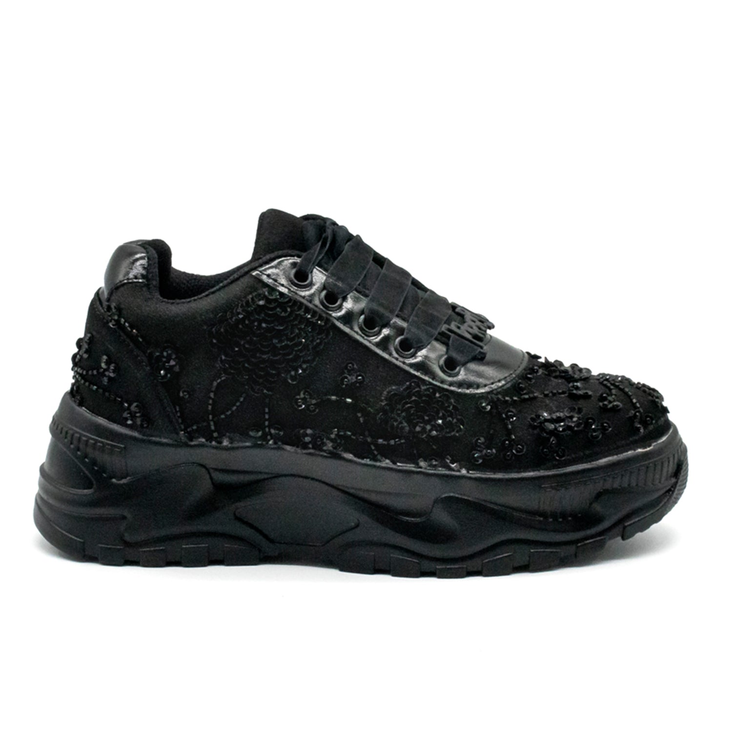Sarah Luxury Noir Satin Handmade Embellished Trainers