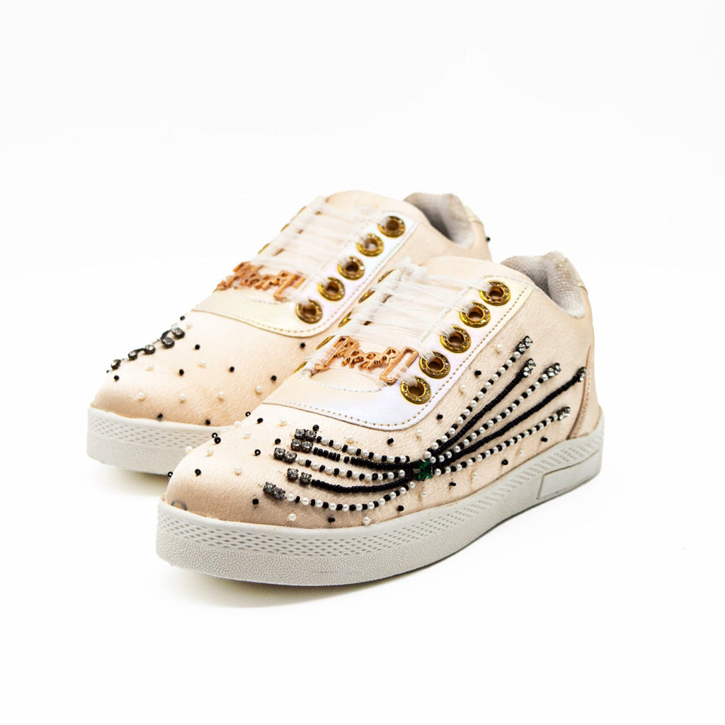 Nancy Luxury Buttermilk Satin Handmade Embellished Tennis Shoe