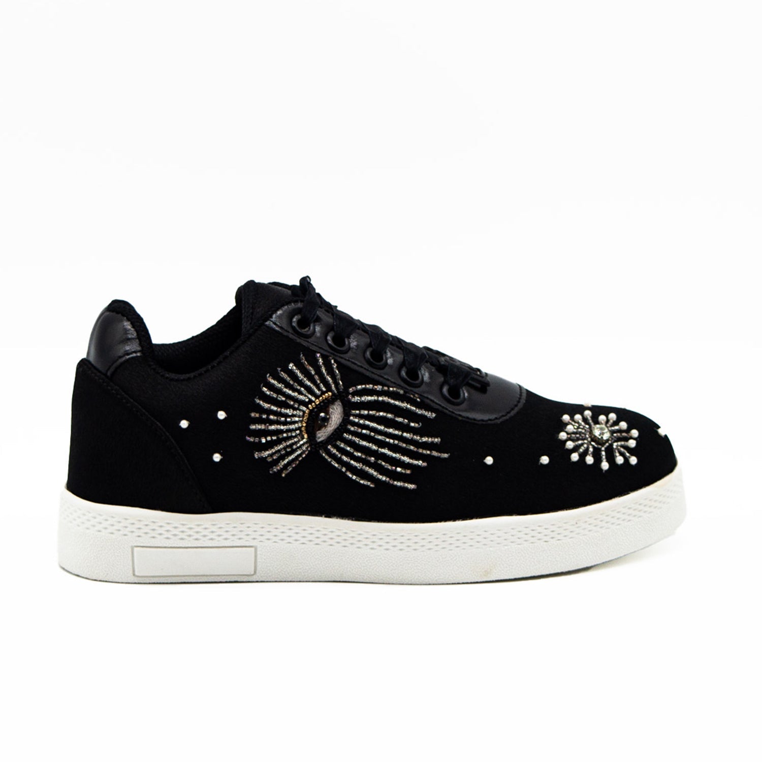 River Luxury Black Satin Handmade Embellished Tennis Shoe