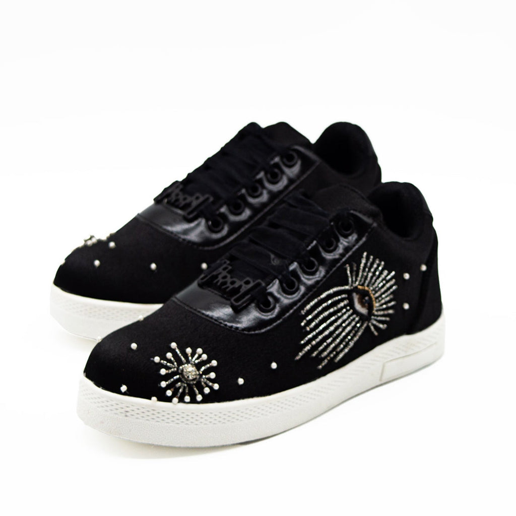 River Luxury Black Satin Handmade Embellished Tennis Shoe