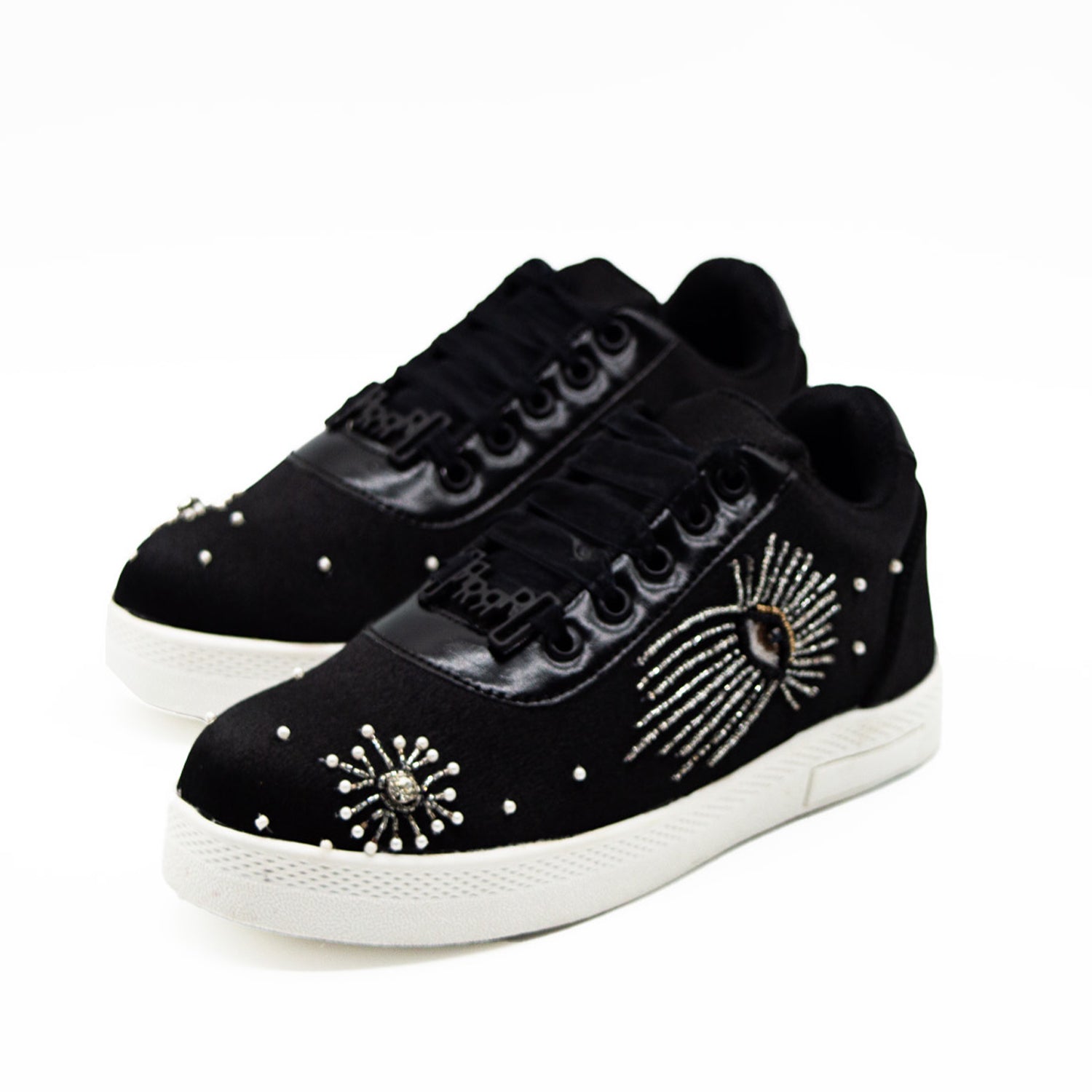 River Luxury Black Satin Handmade Embellished Tennis Shoe