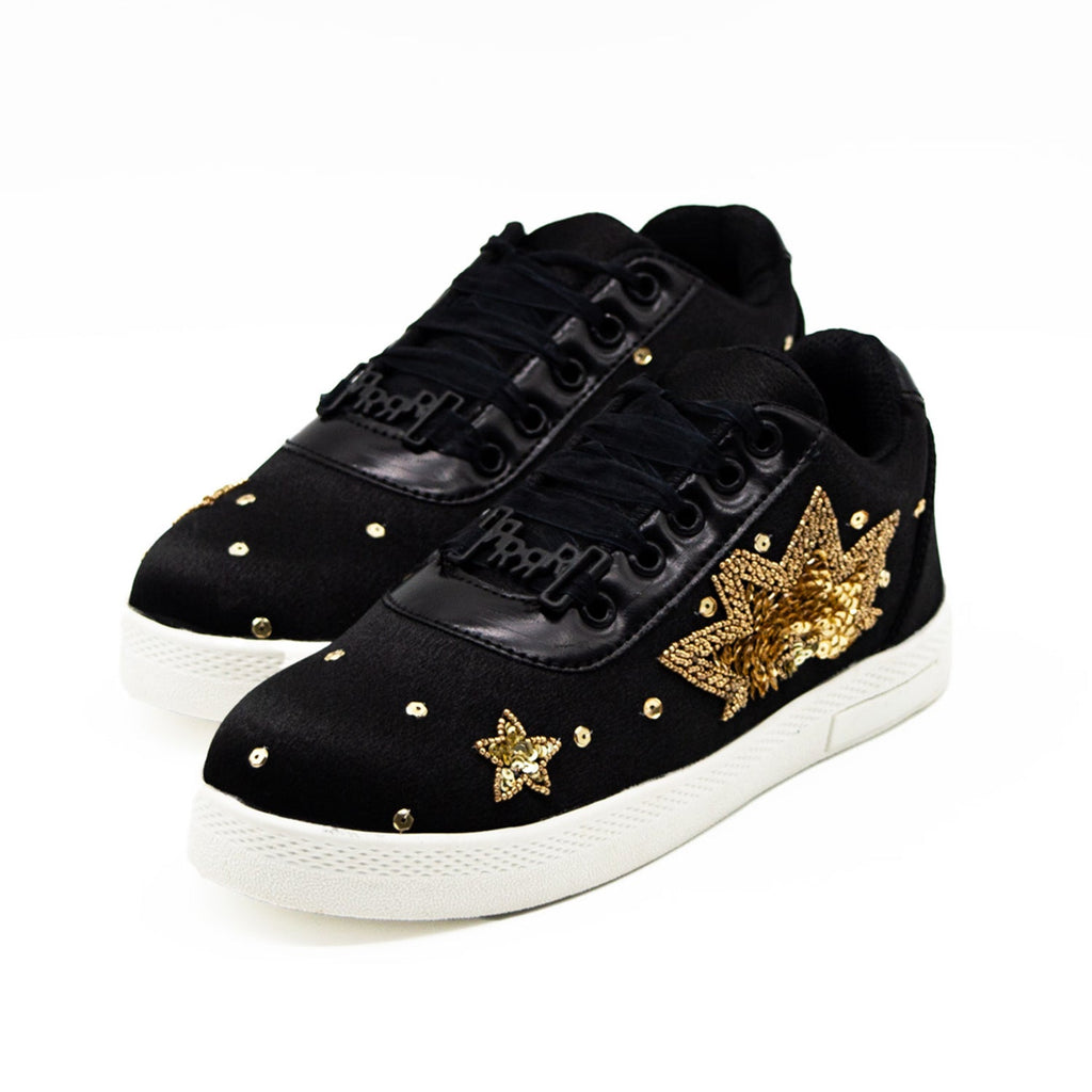Emiliana Luxury Black Satin Handmade Embellished Tennis Shoe