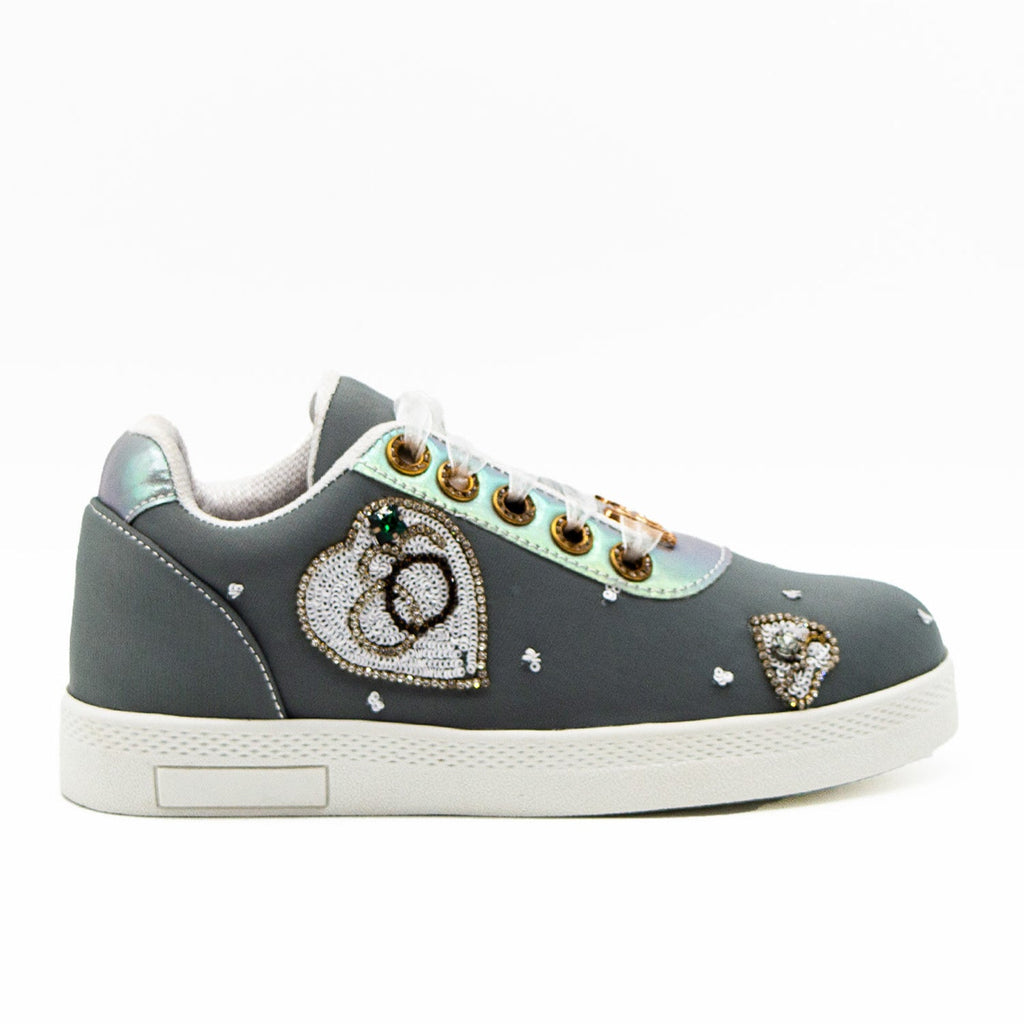 Mangola Luxury Grey Lycra Handmade Embellished Tennis Shoe