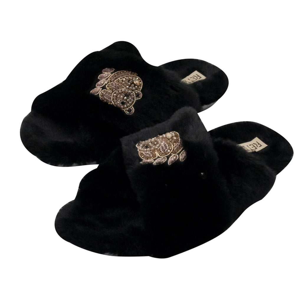 Ember Black Luxury Plush Diamanté Embellished Handmade Slipper