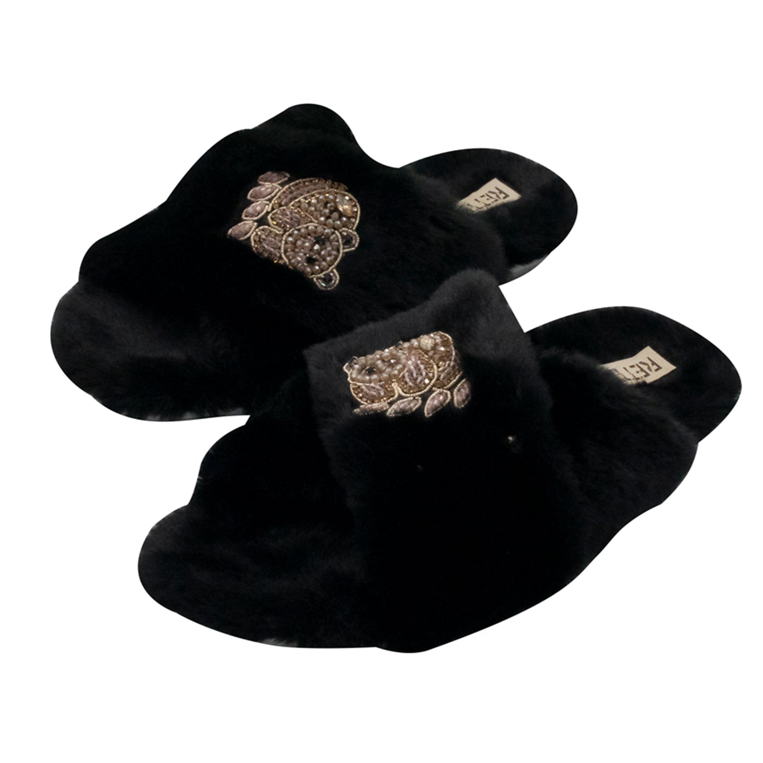 Ember Black Luxury Plush Diamanté Embellished Handmade Slipper