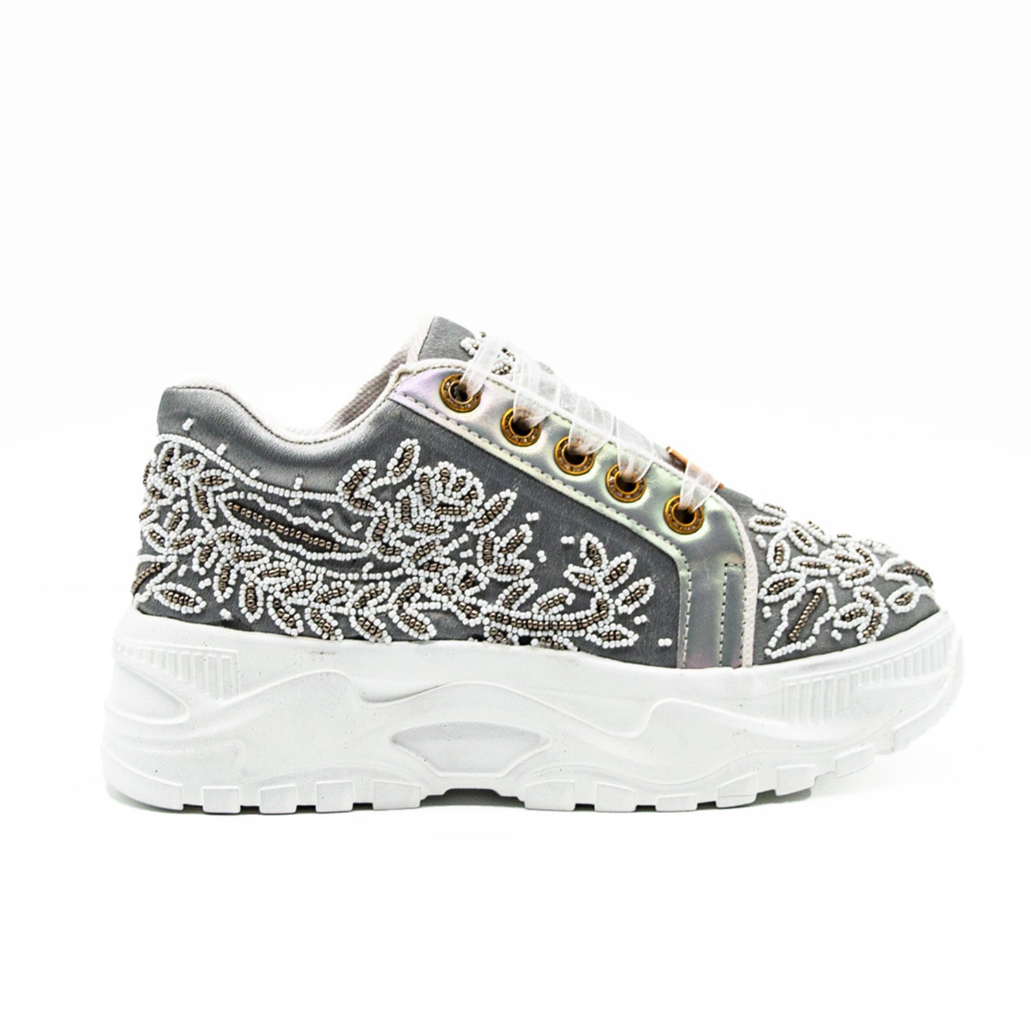 Iska Luxury Silver Satin Handmade Embellished Trainers
