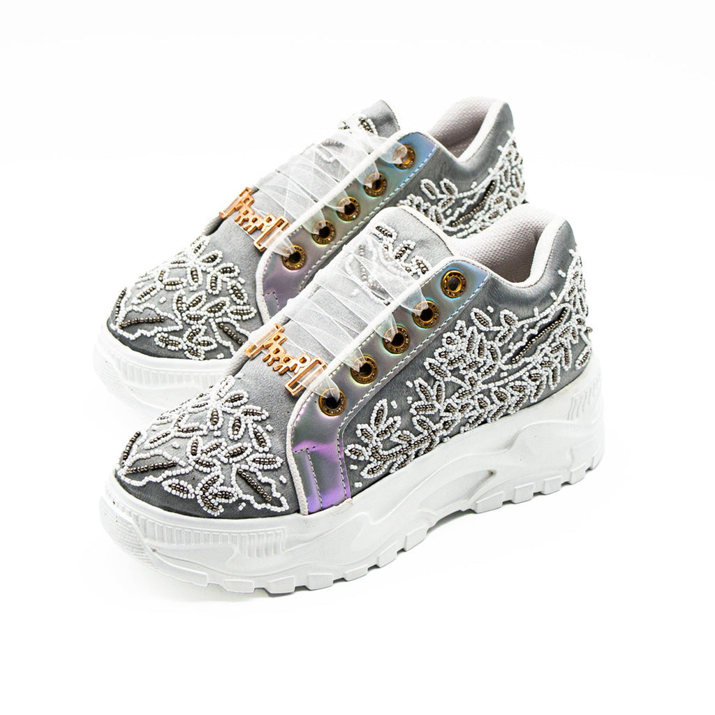 Iska Luxury Silver Satin Handmade Embellished Trainers