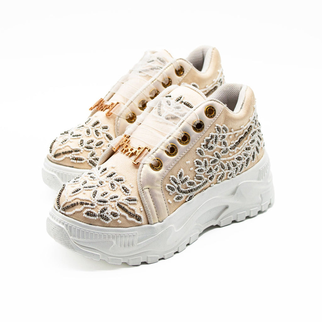 Iska Luxury Buttermilk Satin Handmade Embellished Trainers