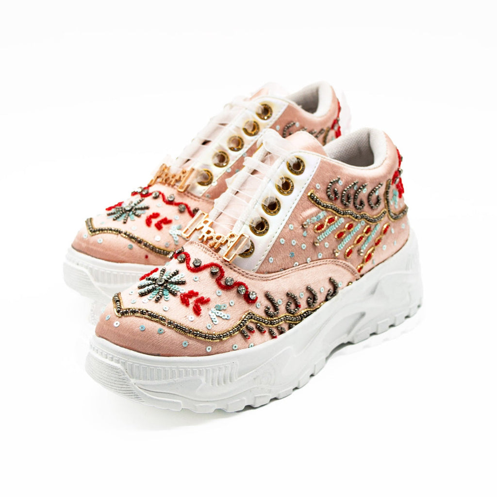 Savannah Luxury Dusky Pink Satin Handmade Embellished Trainers