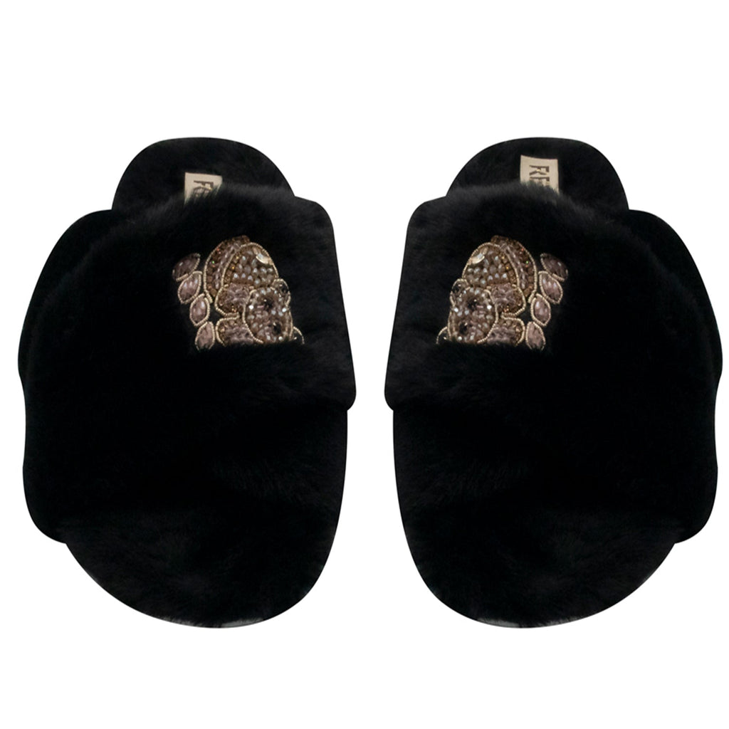 Ember Black Luxury Plush Diamanté Embellished Handmade Slipper