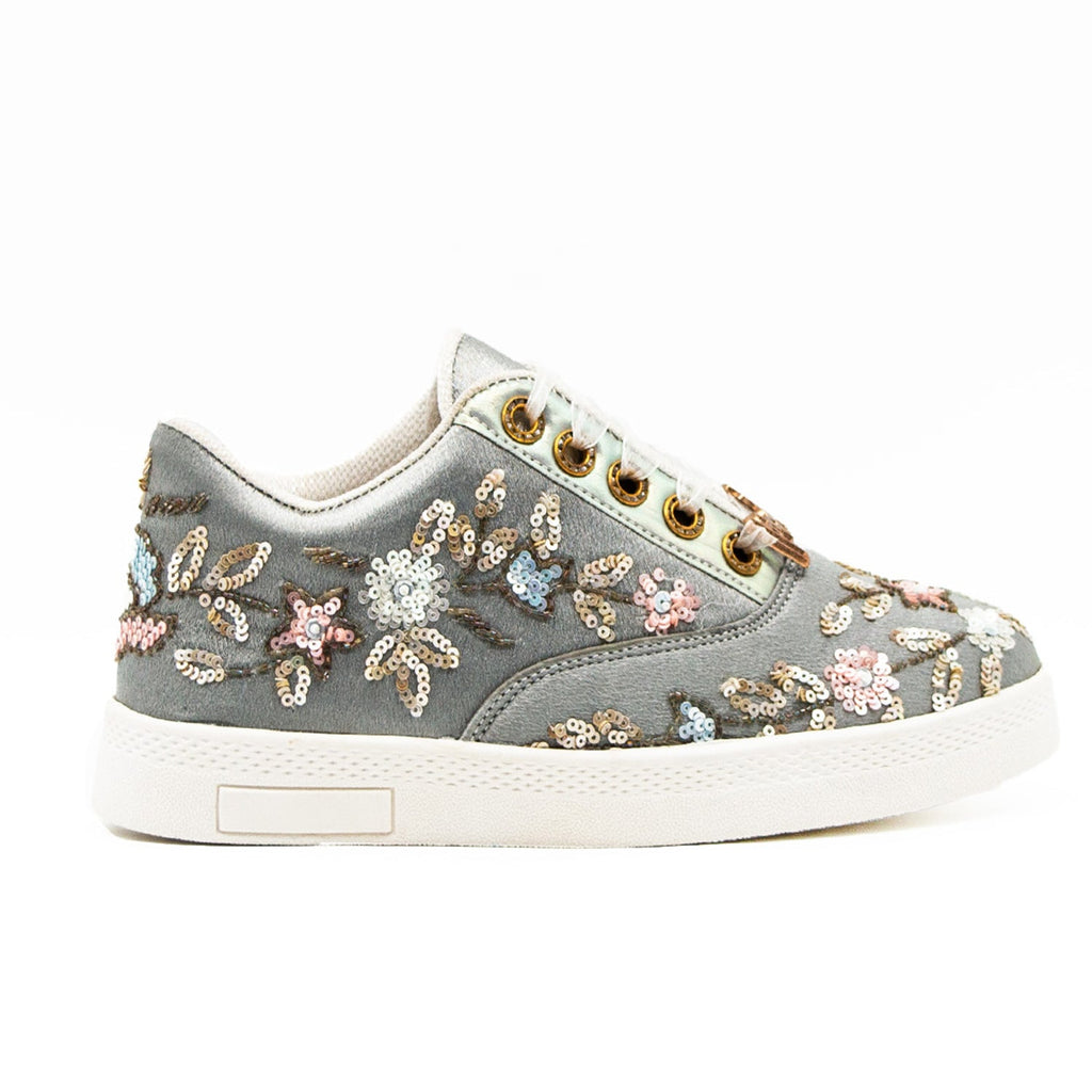 Cora Grey Satin Handmade Embellished Tennis Shoe