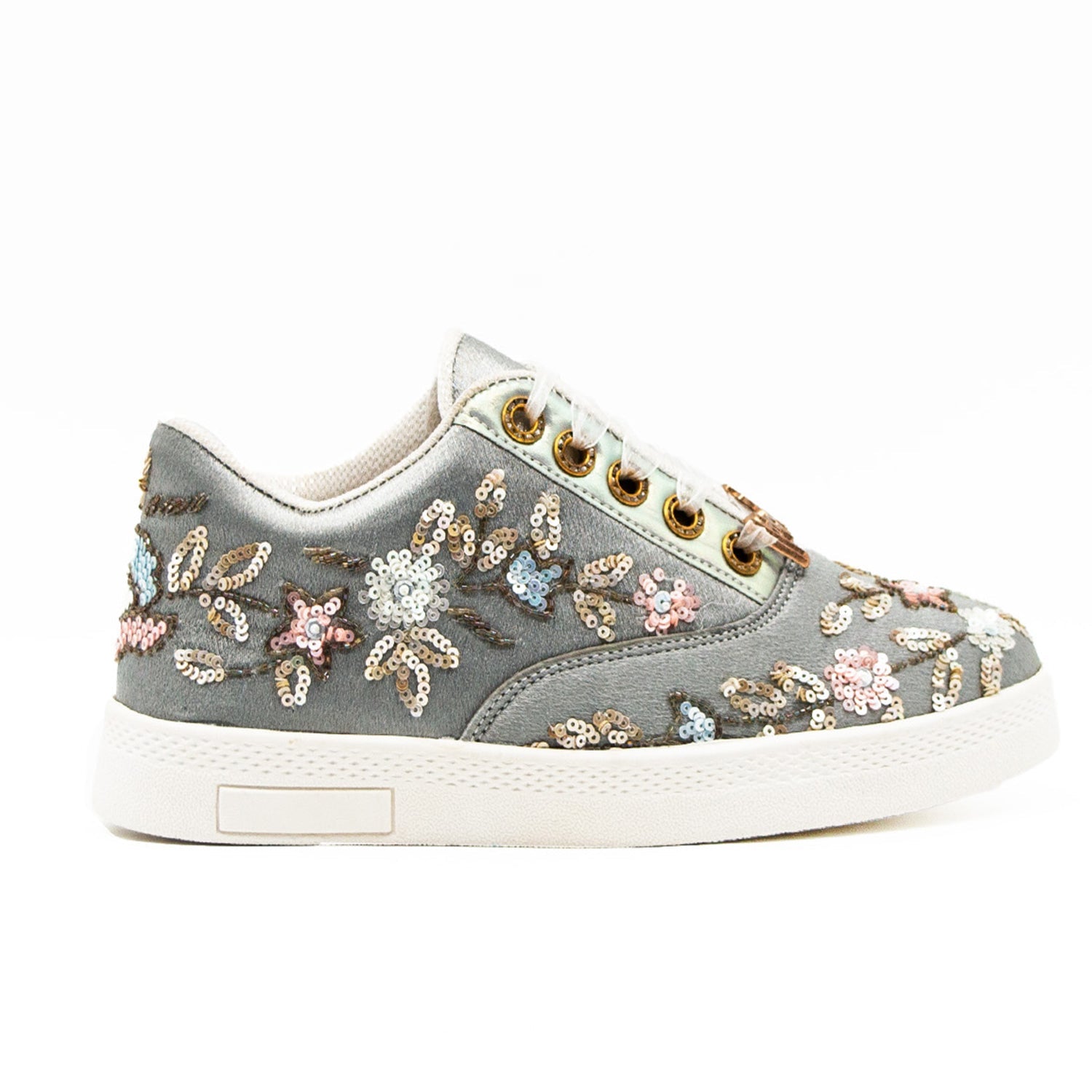 Cora Grey Satin Handmade Embellished Tennis Shoe