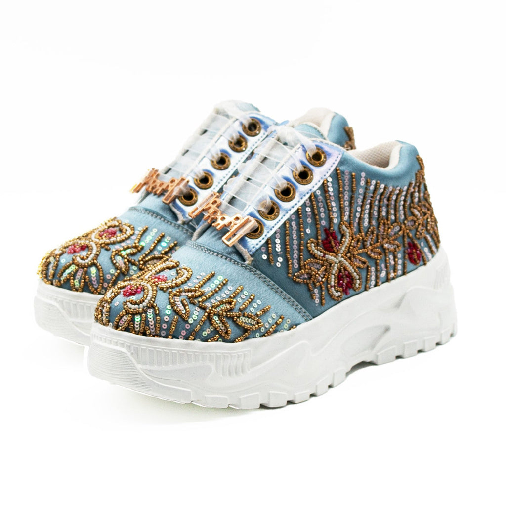 Athena Luxury Dusky Blue Satin Handmade Embellished Trainers