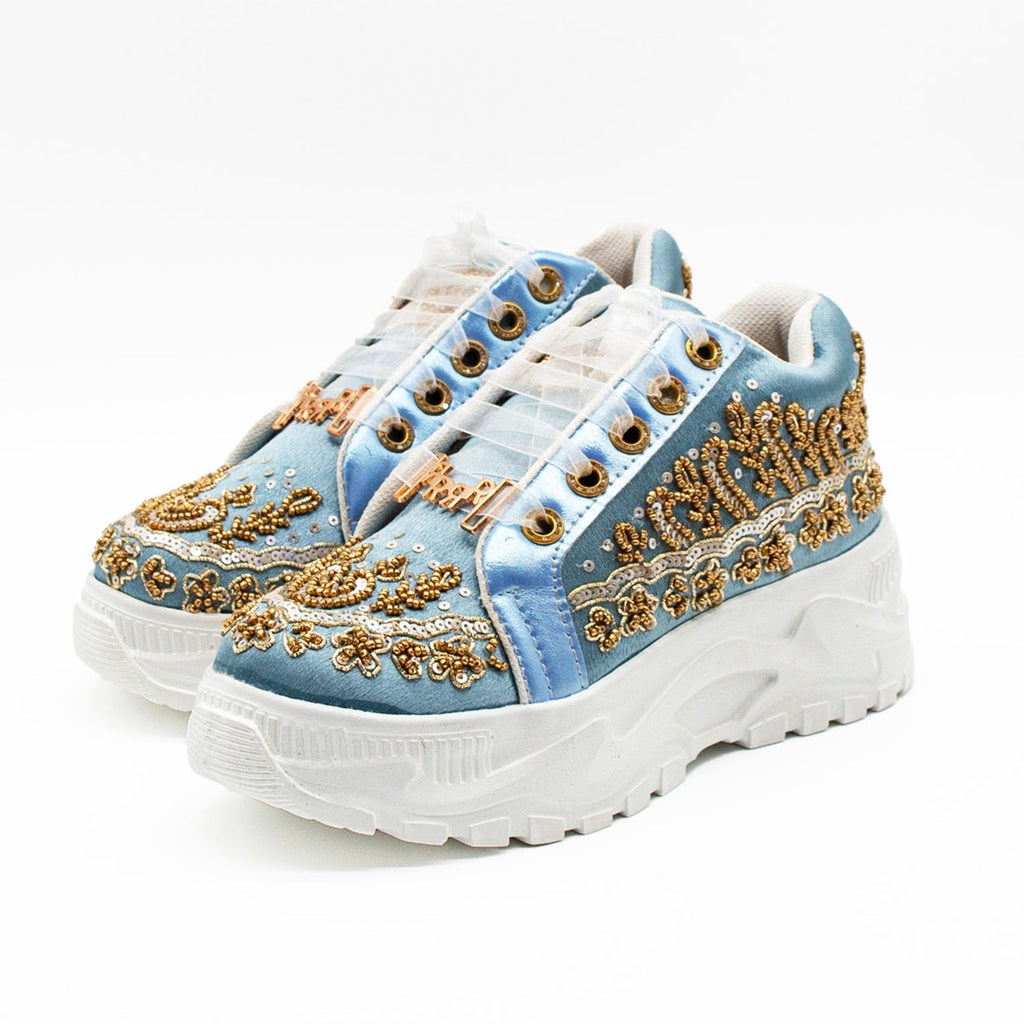Petra Luxury Dusky Blue Satin Handmade Embellished Trainers