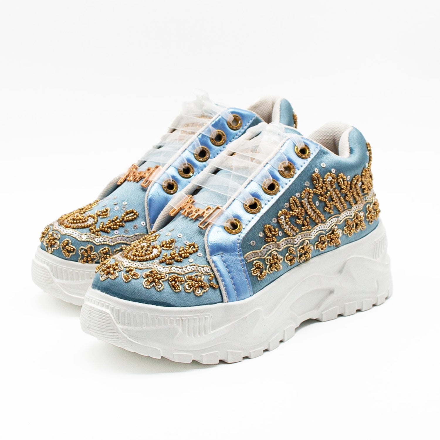 Petra Luxury Dusky Blue Satin Handmade Embellished Trainers