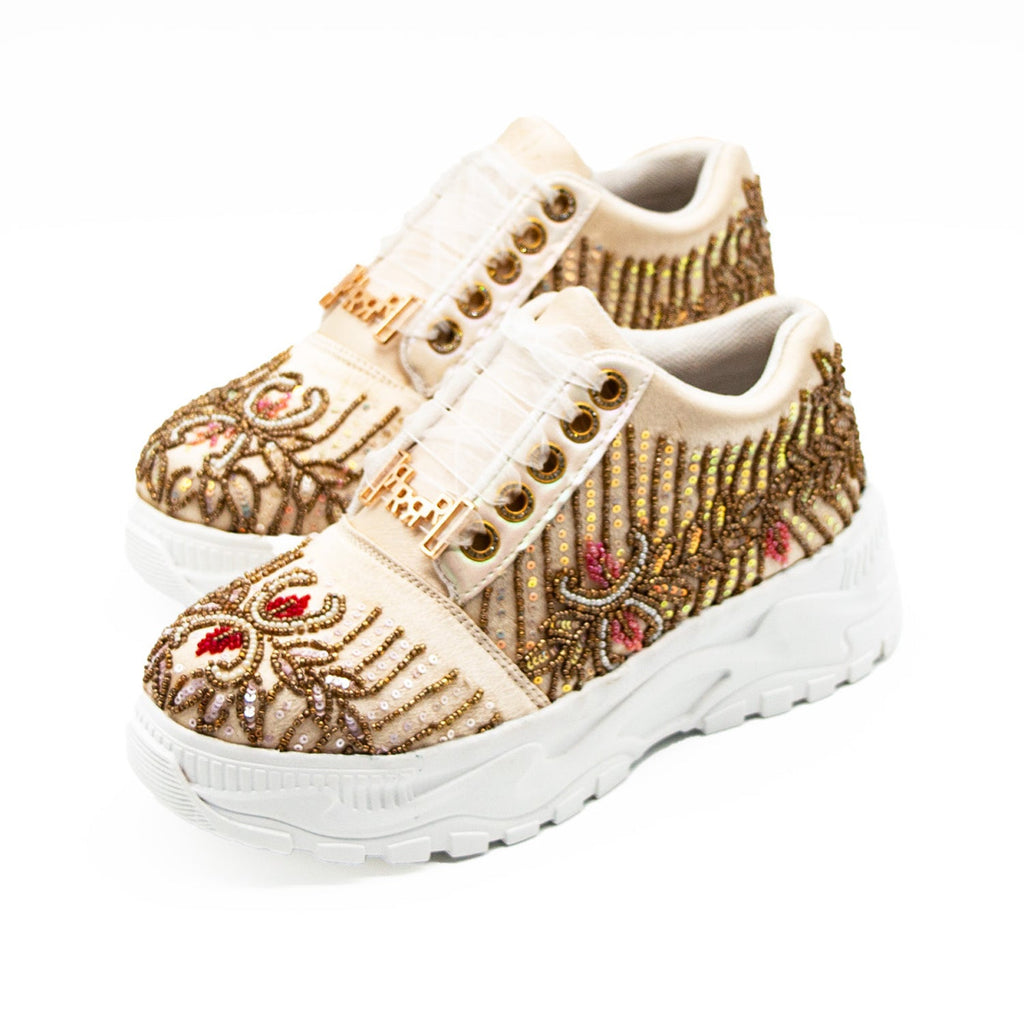 Athena Luxury Buttermilk Satin Handmade Embellished Trainers