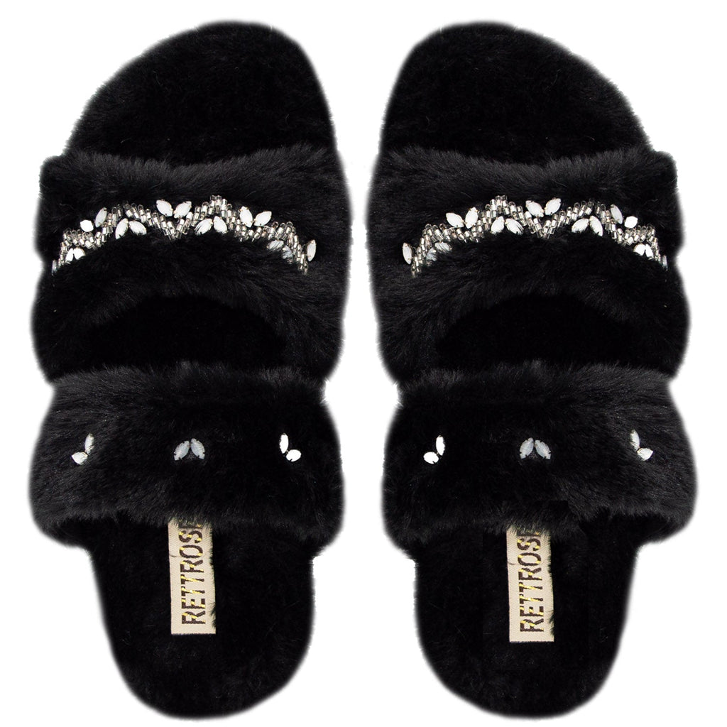Myla Black Luxury Plush Diamanté Embellished Handmade Slipper