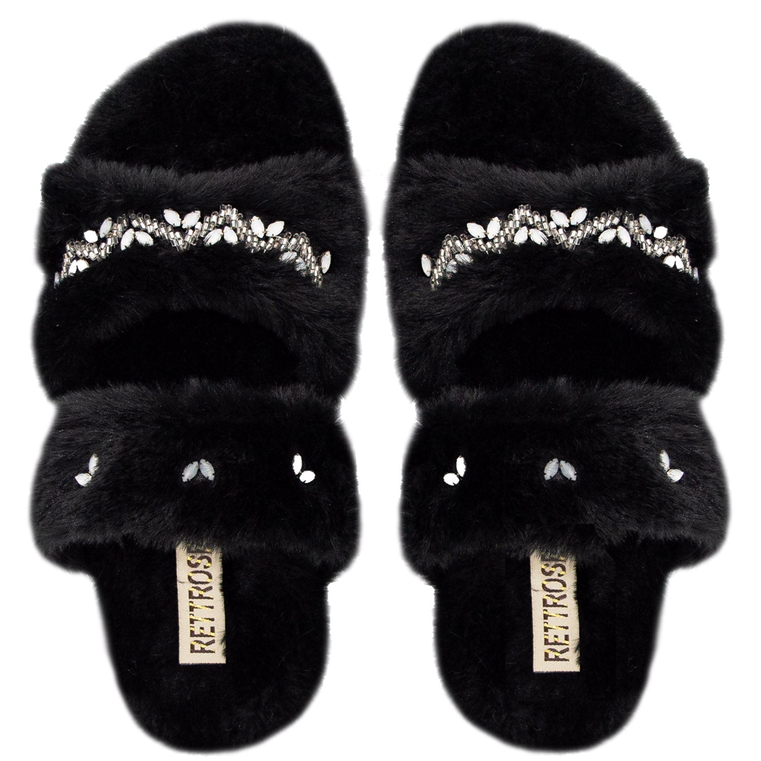 Myla Black Luxury Plush Diamanté Embellished Handmade Slipper