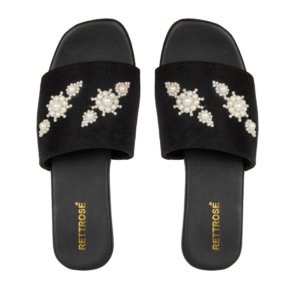 Annie Black Luxury Plush Diamanté Embellished Handmade Sliders