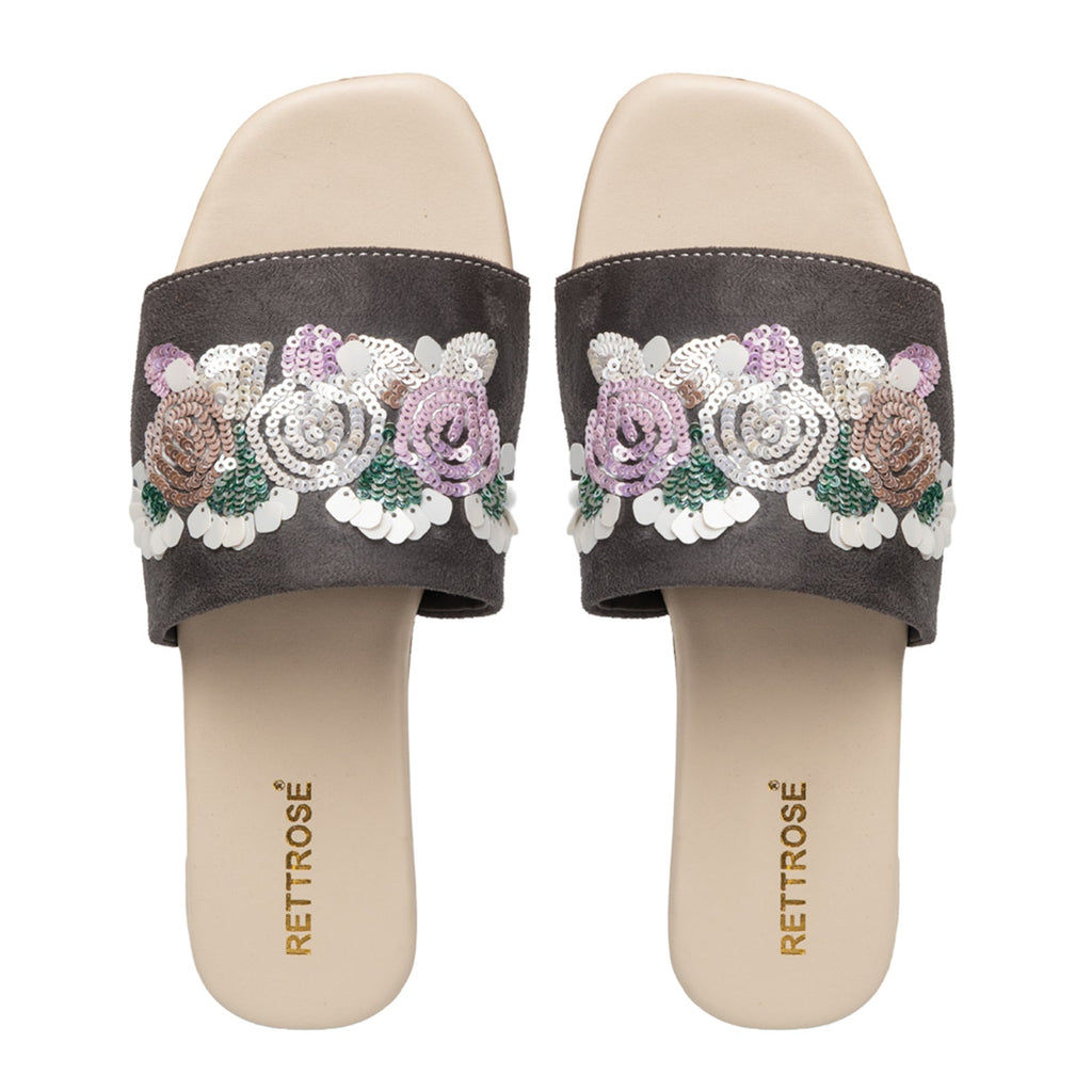Sutton Grey Luxury Plush Diamanté Embellished Handmade Sliders