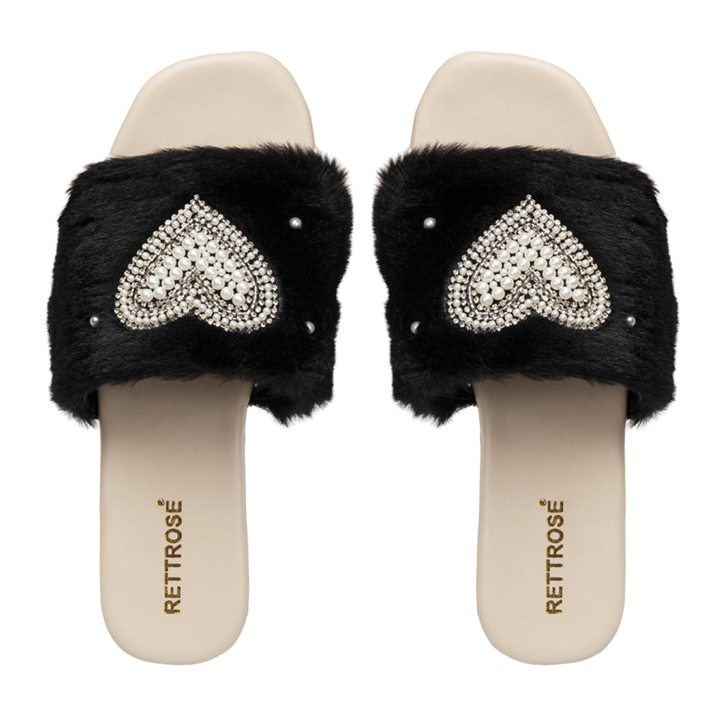 Lilah Black Luxury Plush Diamanté Embellished Handmade Sliders 
