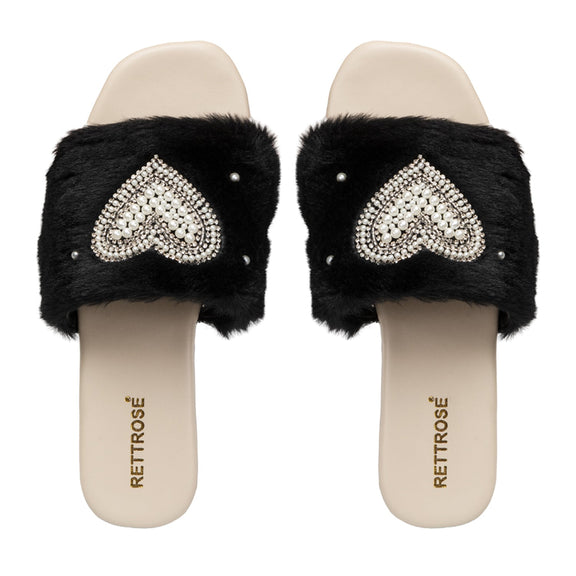 Lilah Black Luxury Plush Diamanté Embellished Handmade Sliders 