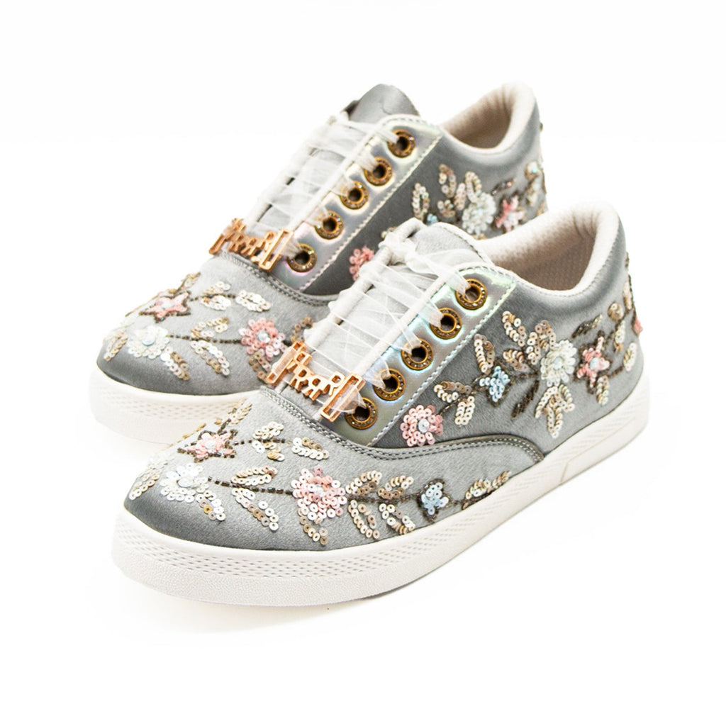 Cora Grey Satin Handmade Embellished Tennis Shoe