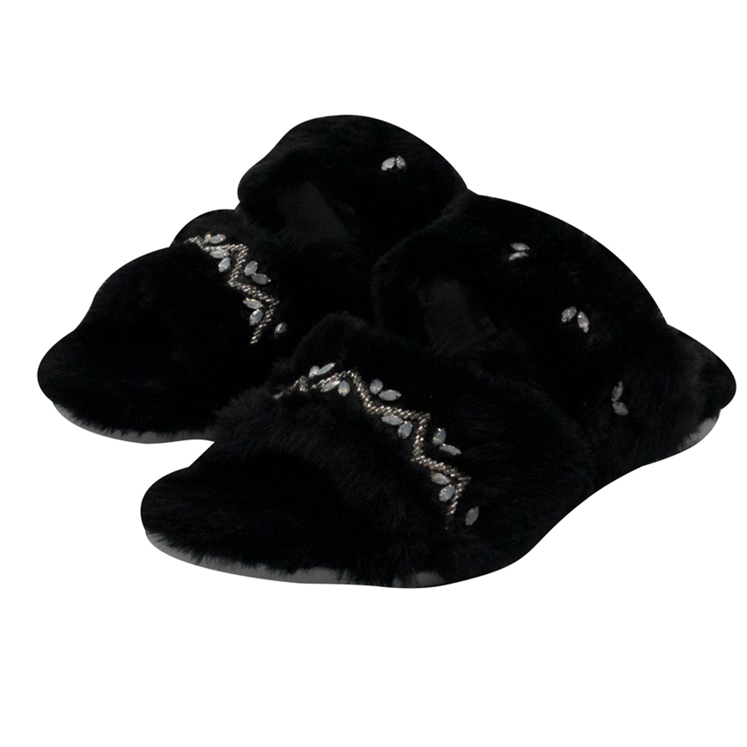 Myla Black Luxury Plush Diamanté Embellished Handmade Slipper