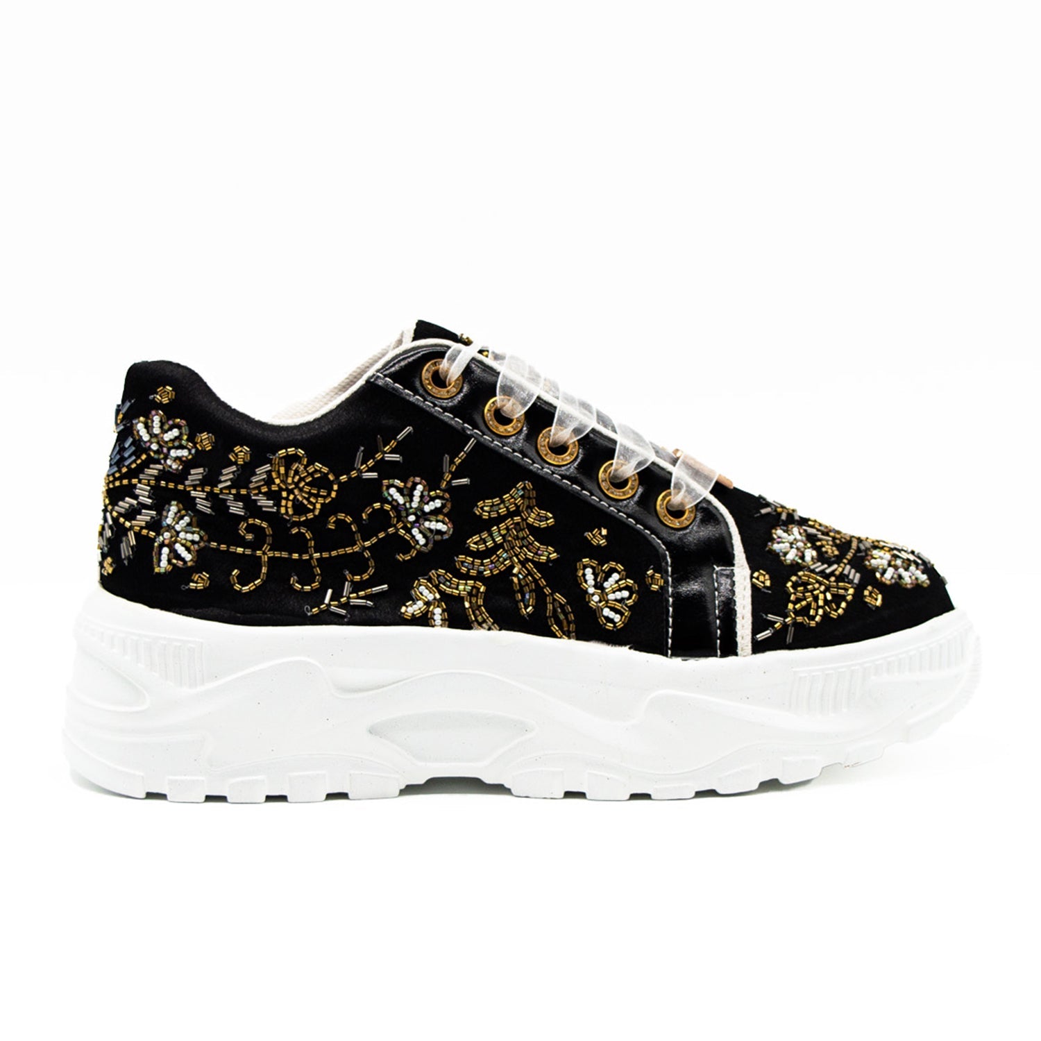 Diana Luxury Black Satin Handmade Embellished Trainers