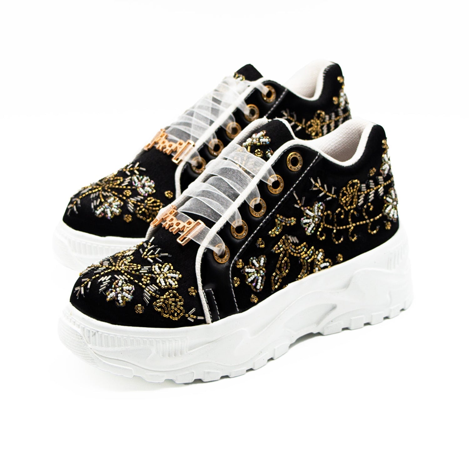 Diana Luxury Black Satin Handmade Embellished Trainers